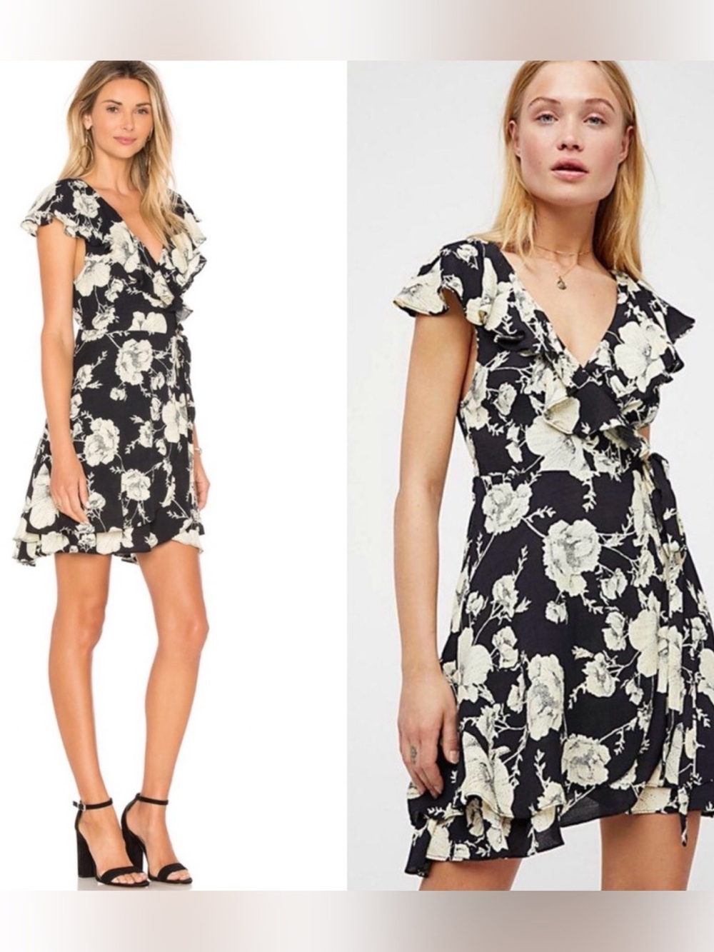 Free People Black Cream Floral Wrap Mini Dress Sz S